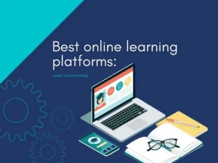 An illustration of a laptop showing an online course screen, along with a smartphone, open books, and eyeglasses, symbolizing the best online learning platforms for upskilling knowledge.