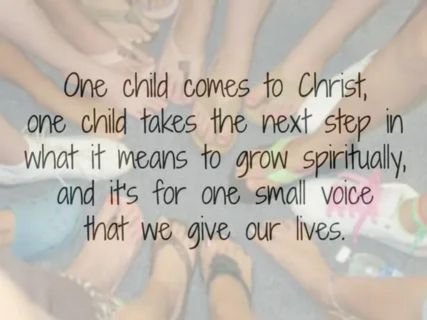Quote about a child coming to Christ and growing spiritually, overlaid on a photo of feet in a circle.