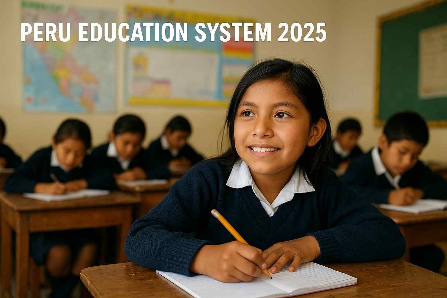 A modern Peruvian classroom in 2025 showing students engaged in learning with laptops and books, reflecting the growth and modernization of the Peru education system.