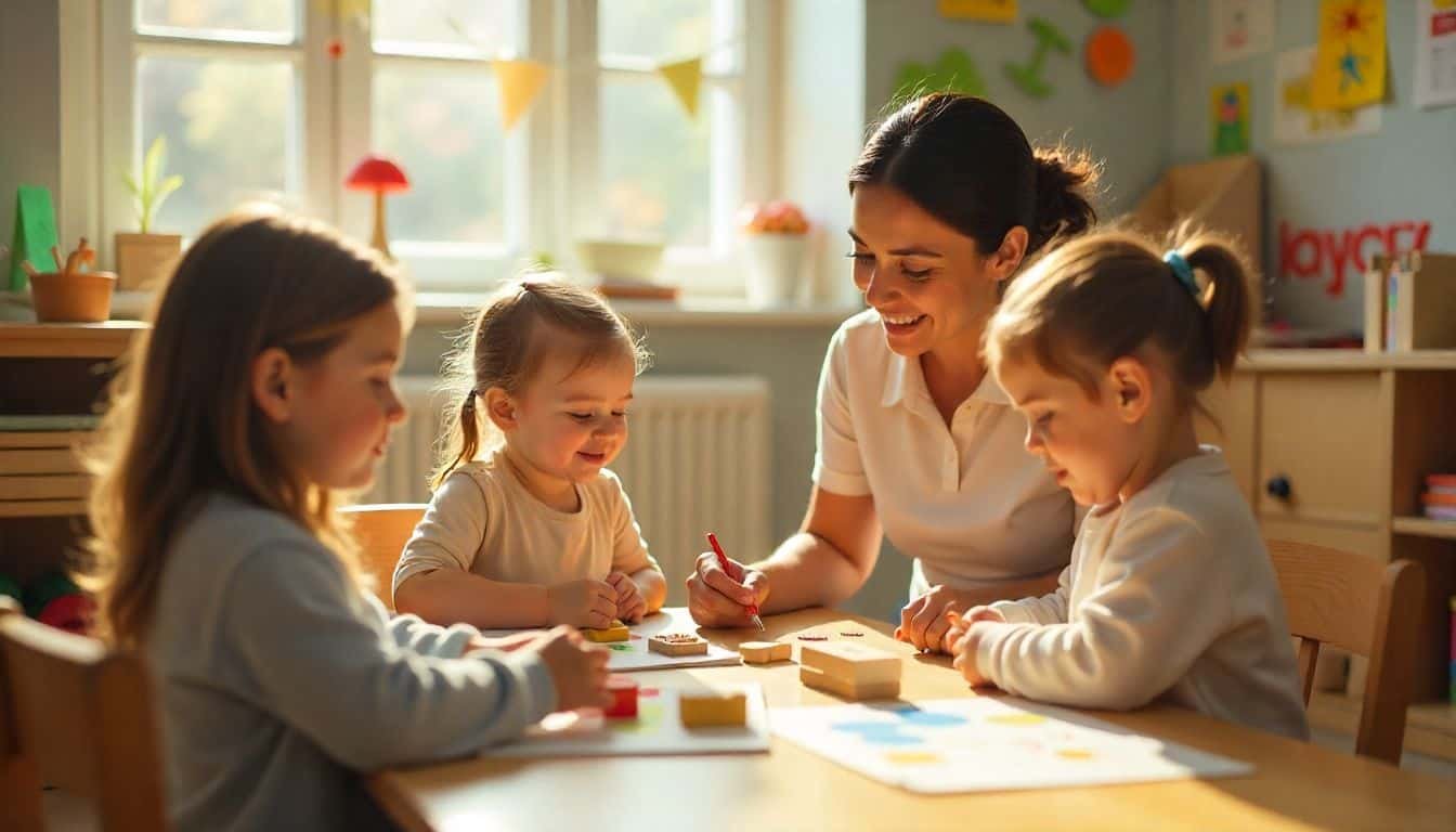 “Teacher guiding children in a play-based classroom representing philosophy about early childhood education.”
