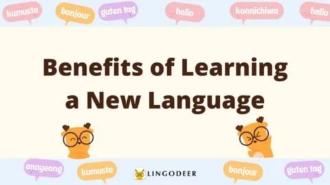 A graphic with the title "Benefits of Learning a New Language" and various speech bubbles containing greetings in different languages (e.g., "bonjour," "guten tag"), illustrating the global and communicative advantage of multilingual skills.