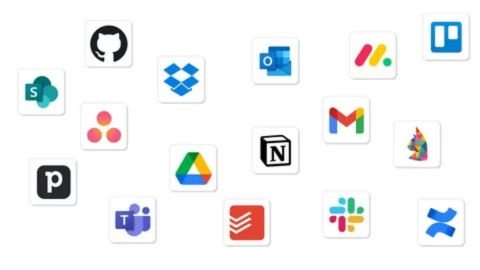 A white background image showcasing a collage of 17 popular productivity and collaboration application logos arranged in an irregular grid.

The recognizable logos include:

Top Row: GitHub (Cat Octocat), Microsoft Outlook, Monday.com, and Trello.

Middle Rows: SharePoint, Dropbox, Google Drive, Notion (Black 'N'), Gmail, and an icon resembling Asana or a similar project management tool.

Bottom Rows: Pocket, DaVinci Resolve (or similar video editor), Microsoft Teams, Microsoft To Do (or similar task app), Slack, and an Atlassian product (likely Jira or Confluence).