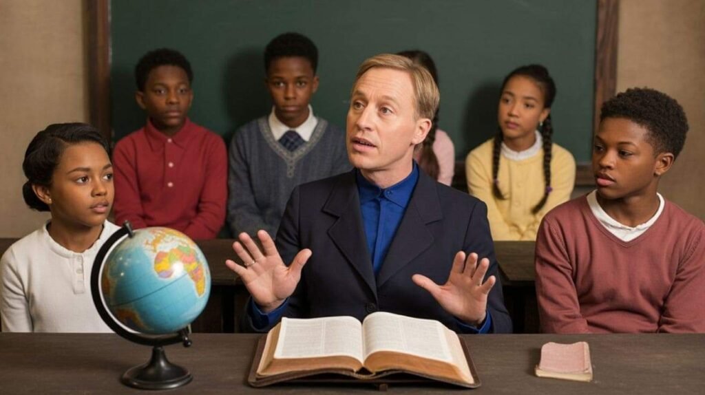 A Christian classroom where students study Scripture and academics under soft sunlight, symbolizing faith-based learning.