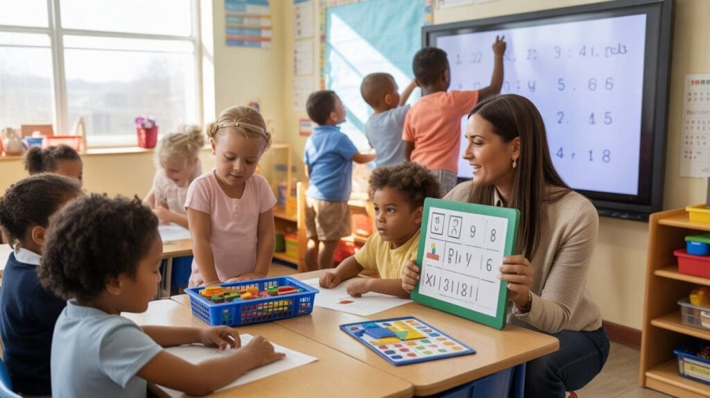 Students practicing math with manipulatives and visual supports as a teacher models steps on the board.