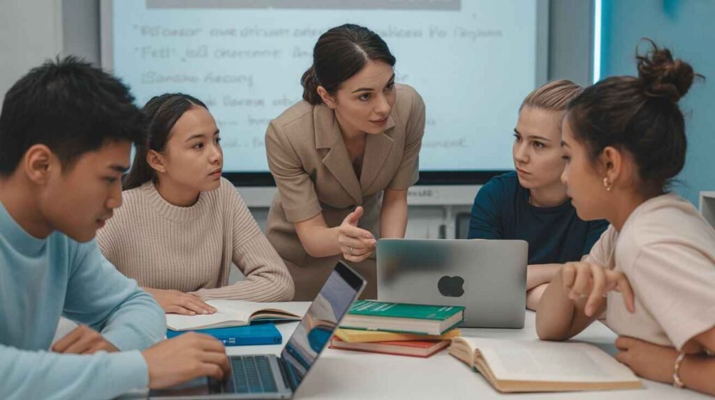 Students learning in a classroom and online setting, developing knowledge, creativity, and problem-solving skills through education.