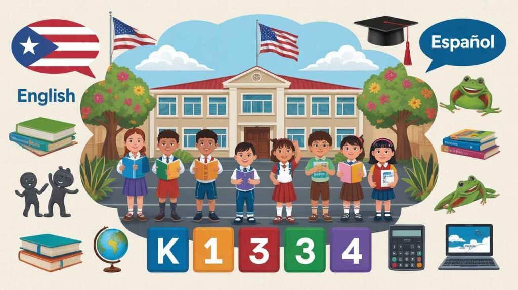 Students learning in a Puerto Rico classroom showcasing bilingual education under the U.S.-based school system.

