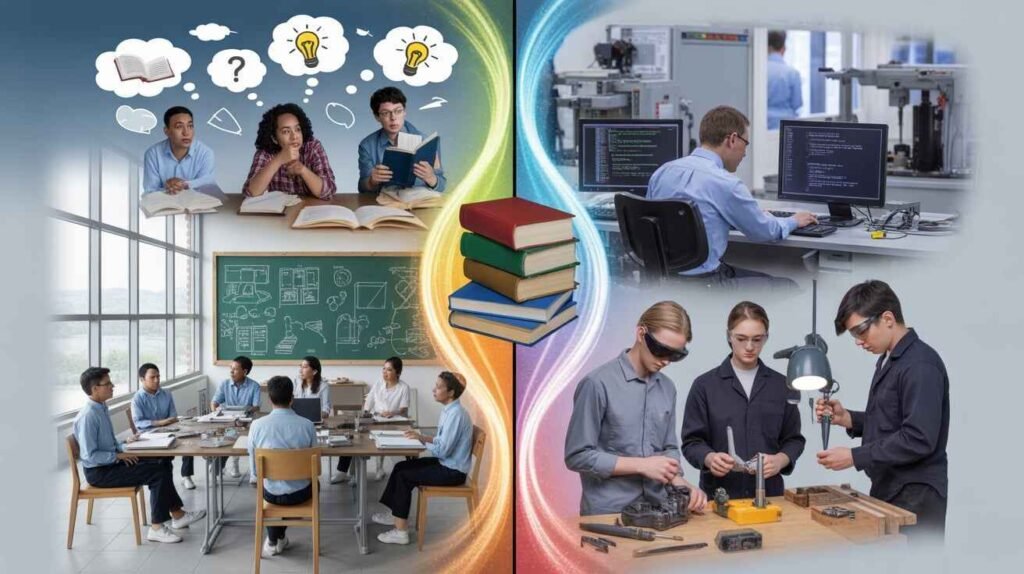 Visual comparison of education and training, showing the balance between developing knowledge and applying hands-on skills in real-world tasks.