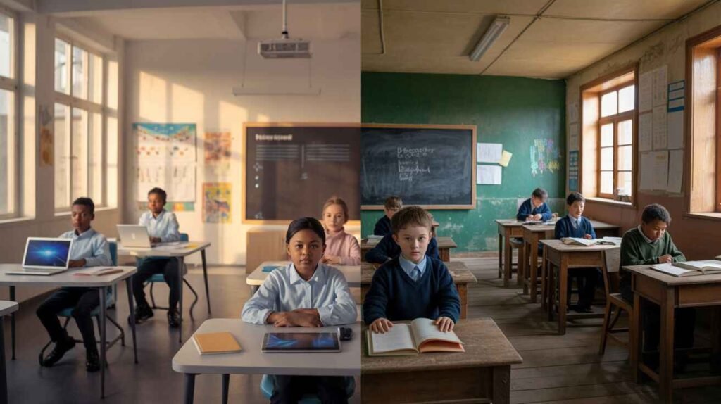 Illustration showing the contrast between well-funded urban schools and under-resourced rural classrooms, highlighting educational inequality and the need for equal opportunities.