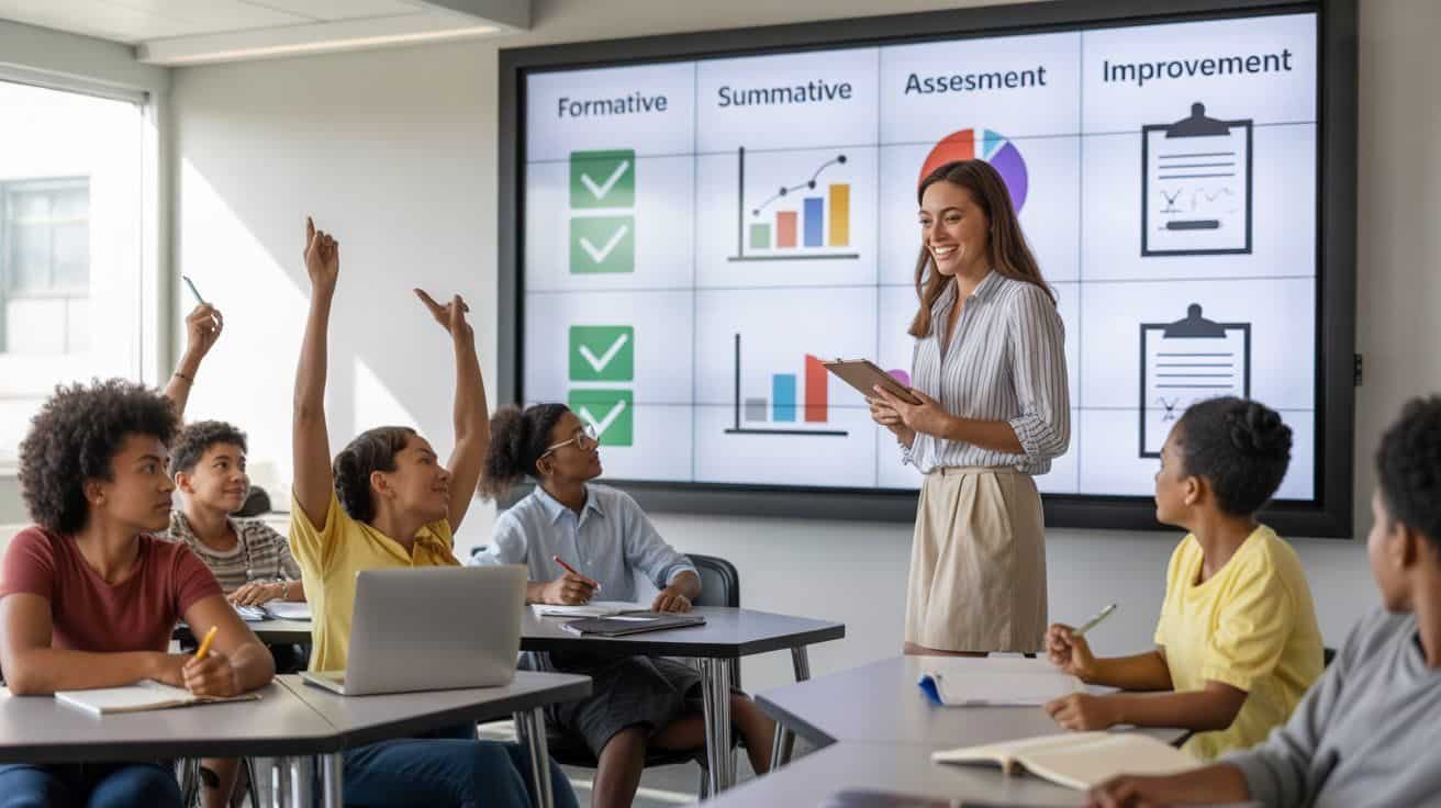 “Teacher explaining evaluation definition in education using digital screen in modern classroom.”