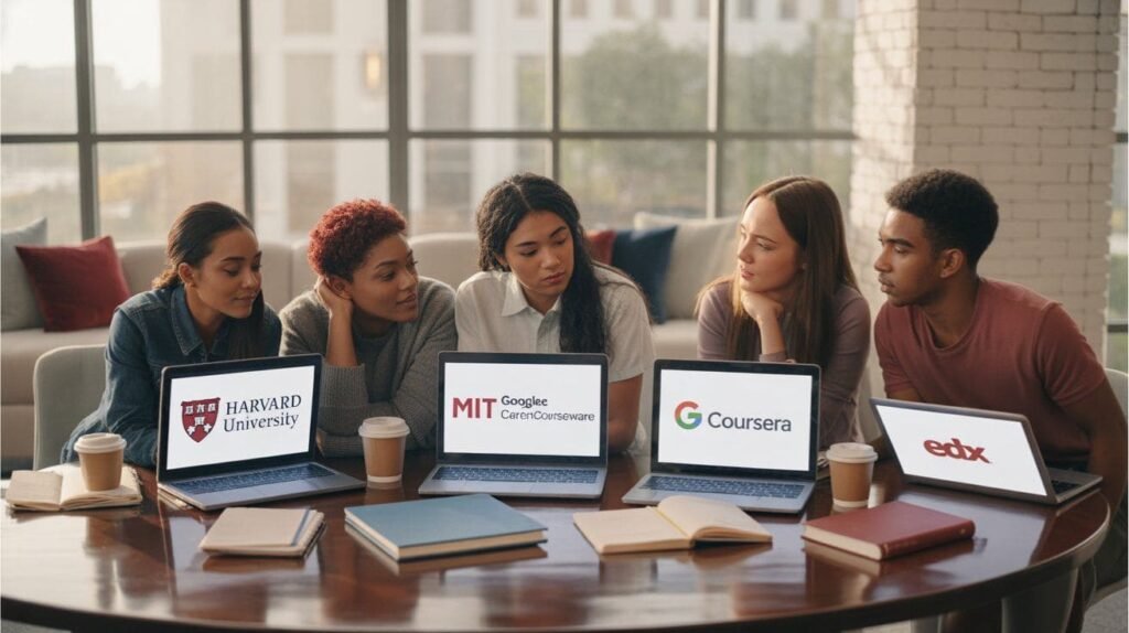 Students in the USA studying online using laptops, representing free online certificate courses from Harvard, MIT, and Google.