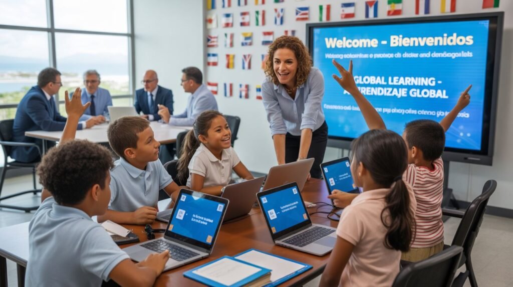 Students in a modern bilingual classroom in Puerto Rico using digital tools, symbolizing innovation, collaboration, and the future of education reform.
