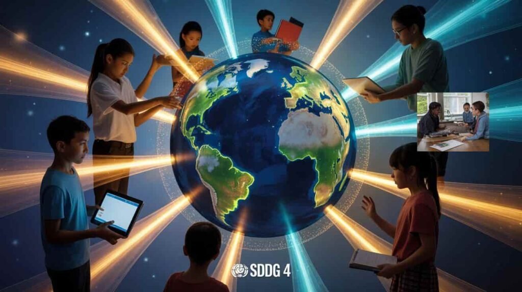 Students using AI-powered assistive technology in an inclusive future classroom setting.