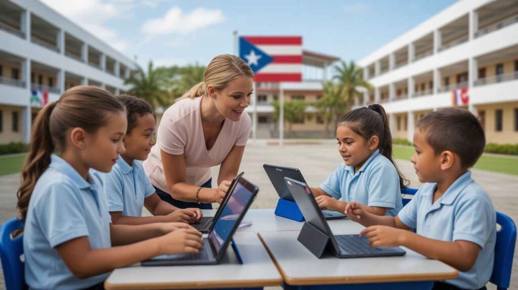 Students in a modern Puerto Rico classroom using digital tools during bilingual lessons, showcasing government education reforms and school modernization.