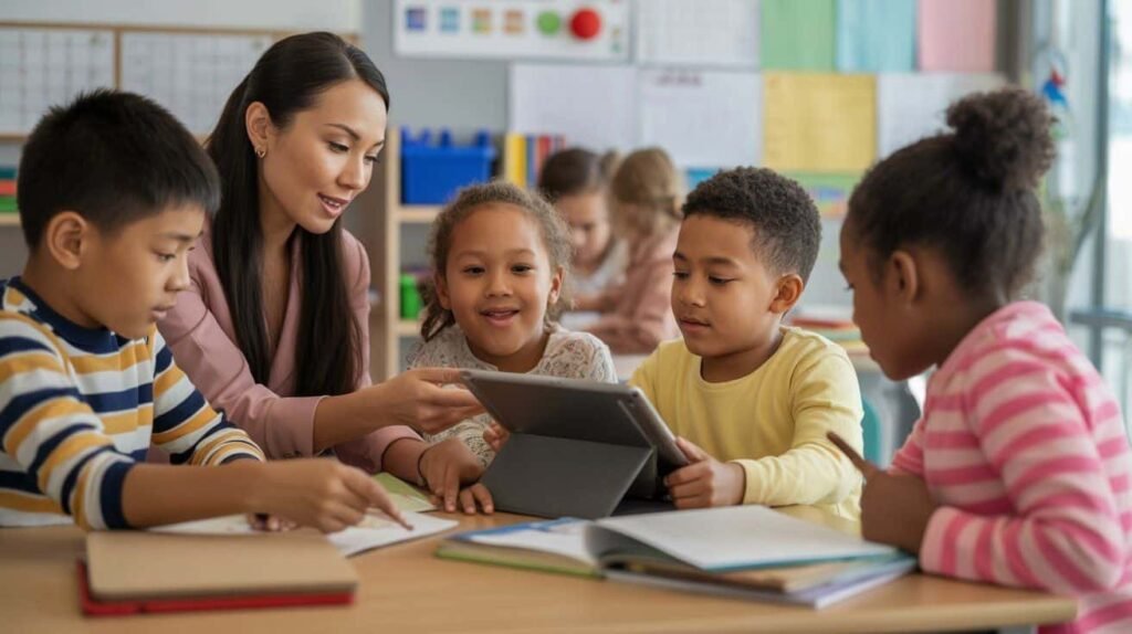 Inclusive classroom showing teacher assisting diverse students with special needs in a collaborative learning environment.