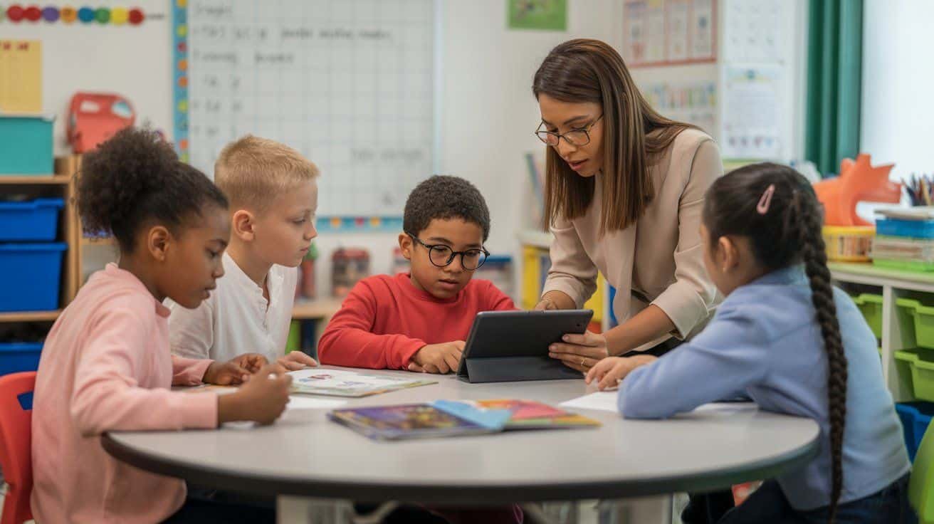 Inclusive classroom showing teacher assisting diverse students with special needs in a collaborative learning environment.