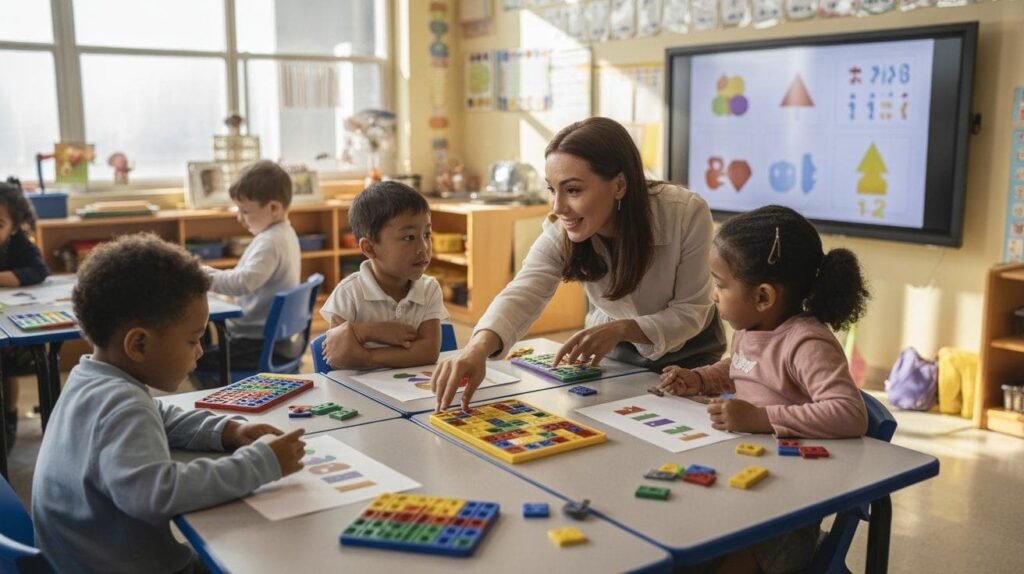 Students with different learning needs using visual aids and manipulatives during a math lesson, with teacher offering individualized help.