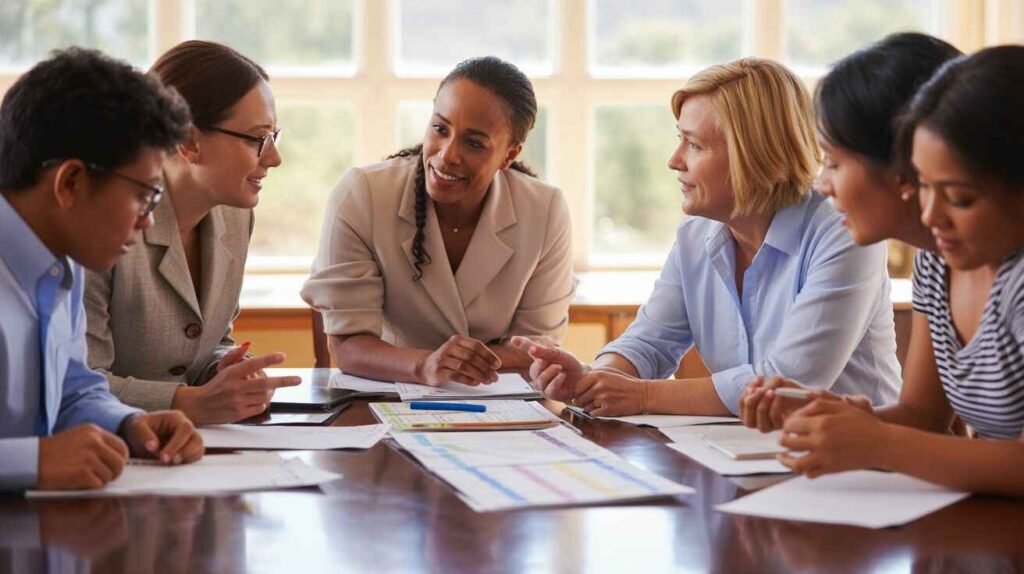 Teachers and parents meeting to discuss a student’s learning plan and least restrictive environment placement.