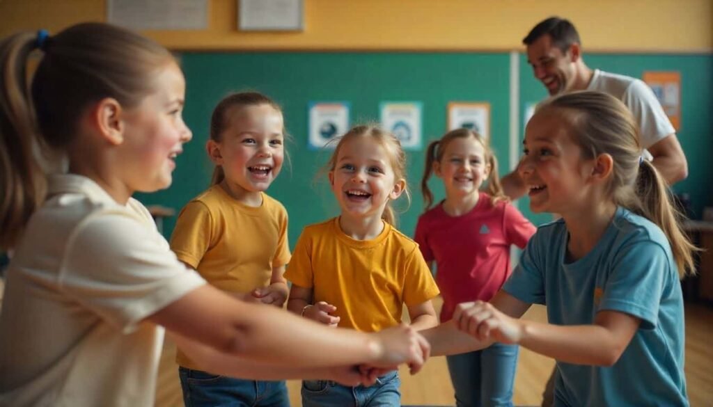 Students preparing for physical education class by stretching and wearing proper attire.