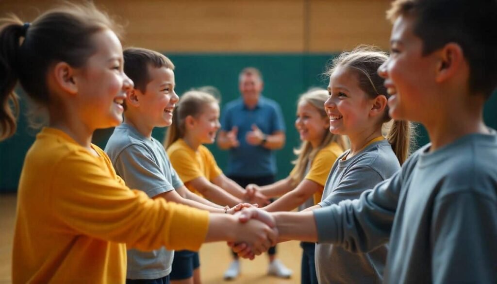 Students showing respect and sportsmanship after a physical education game.