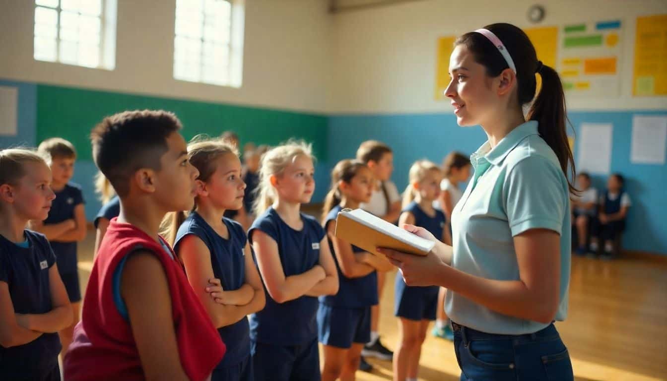 Students in a gym listening to a PE teacher explaining physical education class rules.