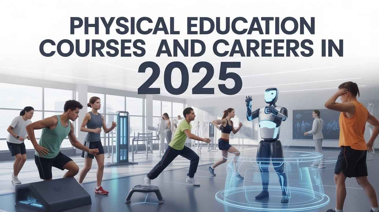 A futuristic image titled "PHYSICAL EDUCATION COURSES AND CAREERS IN 2025" showing several young adults exercising in a modern, bright gym setting. In the foreground, a sleek, human-like robot with glowing blue light is posing or demonstrating an exercise, surrounded by a faint blue holographic ring. The people are running, lunging, and using minimalist exercise equipment, suggesting the integration of technology and AI into fitness and physical education.