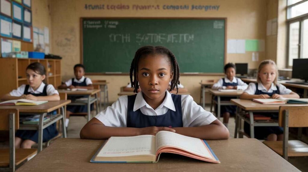 Illustration showing how poverty limits students’ access to quality education, comparing under-resourced classrooms with well-equipped schools to highlight inequality.