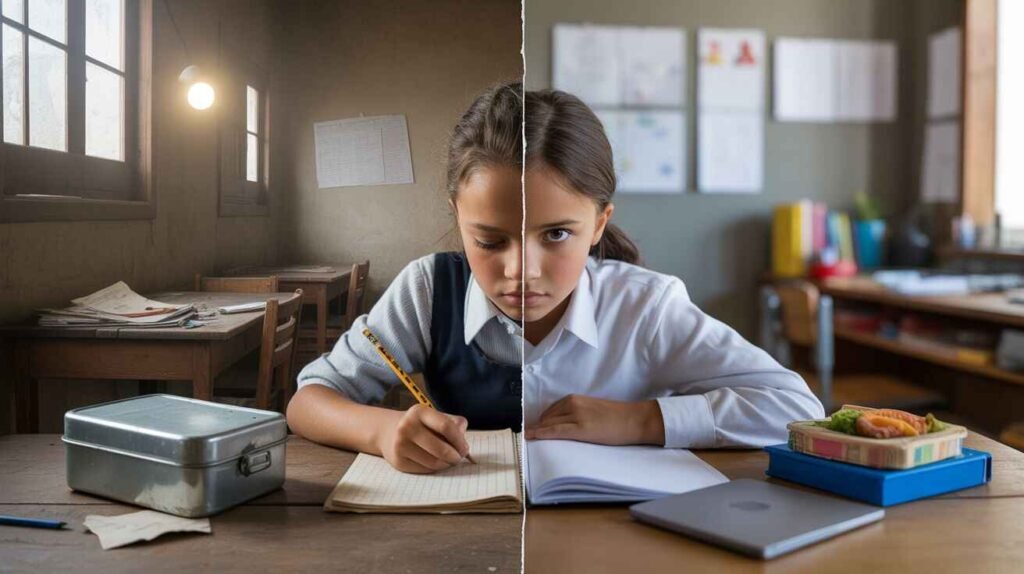 Visual showing how poverty affects students’ education, contrasting underprivileged learners lacking resources with well-supported students in quality learning environments.