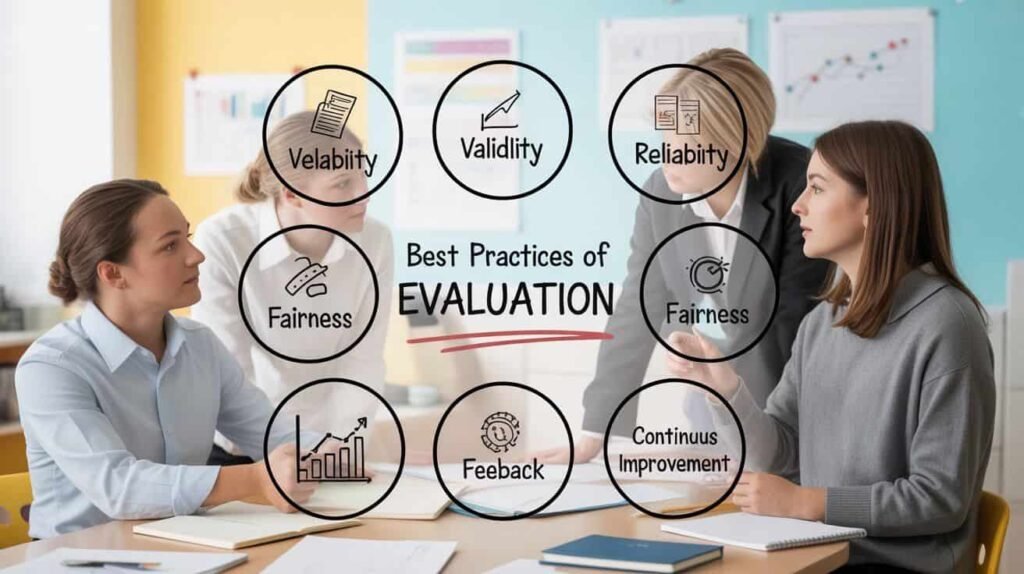 “Infographic showing principles and best practices for effective evaluation in education.”