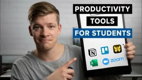 A thumbnail-style image for a video about productivity tools for students. A light-skinned young man in a gray shirt is featured prominently in the foreground, looking directly at the camera with a slightly questioning or casual expression while pointing to a large, black tablet or sign he is holding. The sign/tablet displays the title in bold, stacked text: PRODUCTIVITY (white text on a black background) TOOLS (white text) FOR STUDENTS (white text on a blue background) The screen of the tablet shows several app logos, including: A black 'N' on a white background (likely Notion) A blue icon (likely Trello or a similar task management app) A yellow butterfly icon (likely Evernote) The green 'X' icon (likely Microsoft Excel) The blue and white video camera icon (likely Zoom). best productivity tools for students