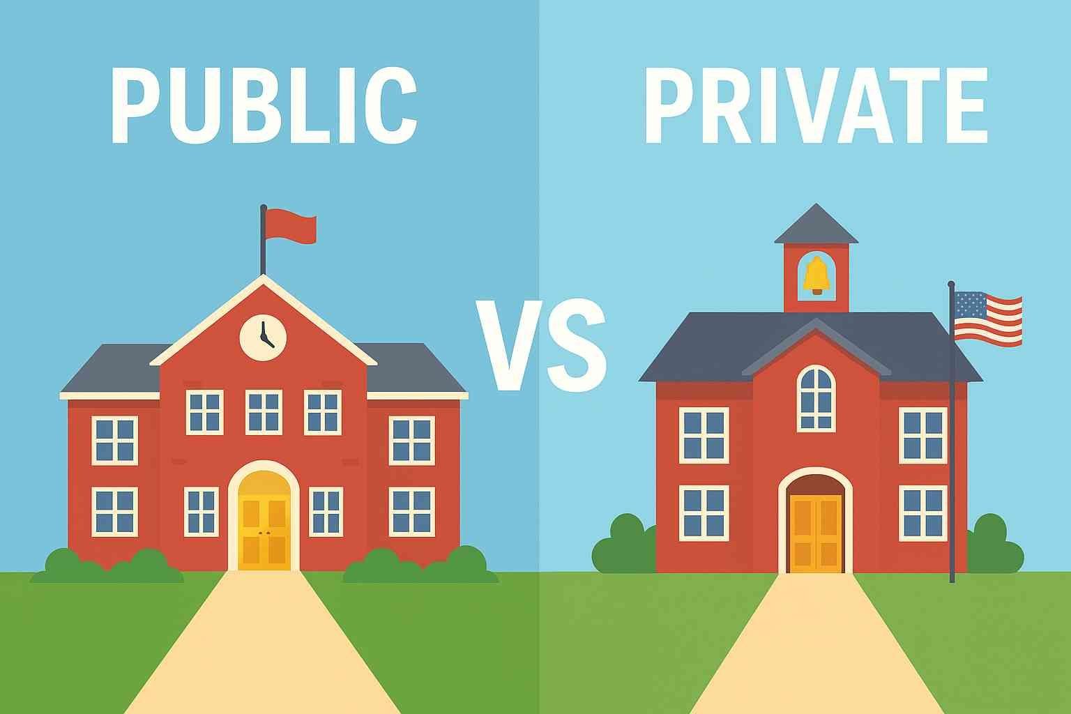 A realistic illustration showing students in a classroom setting comparing public and private education systems, highlighting differences in learning environment and resources.