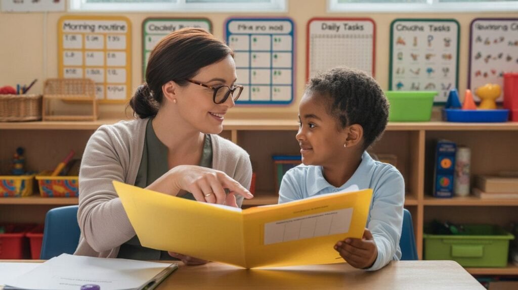 Special education teacher reviewing a student’s Individualized Education Plan while using visual aids in a structured classroom.