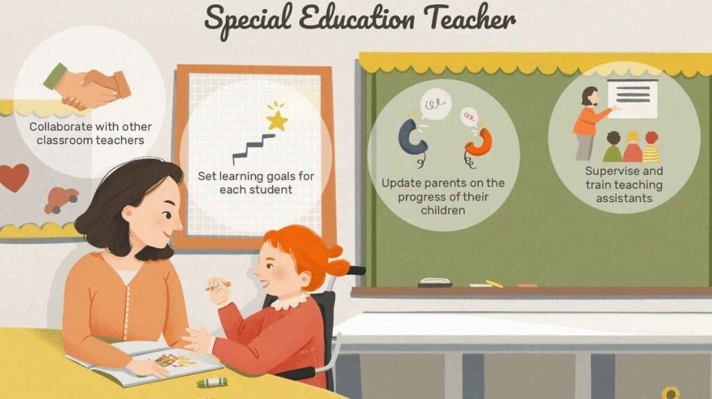 Special education teacher guiding astudent in an inclusive classroom.