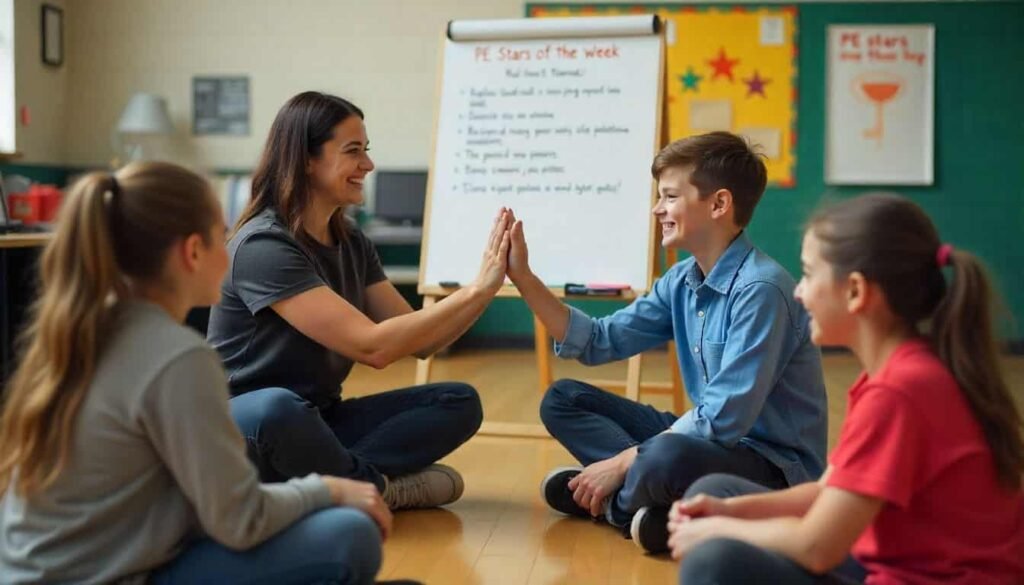Students and teacher creating PE class rules collaboratively.