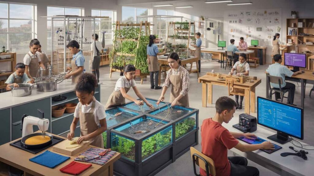 Students participating in Technology and Livelihood Education (TLE) class, learning practical skills in Home Economics, ICT, Industrial Arts, and Agri-Fishery Arts for future livelihood.