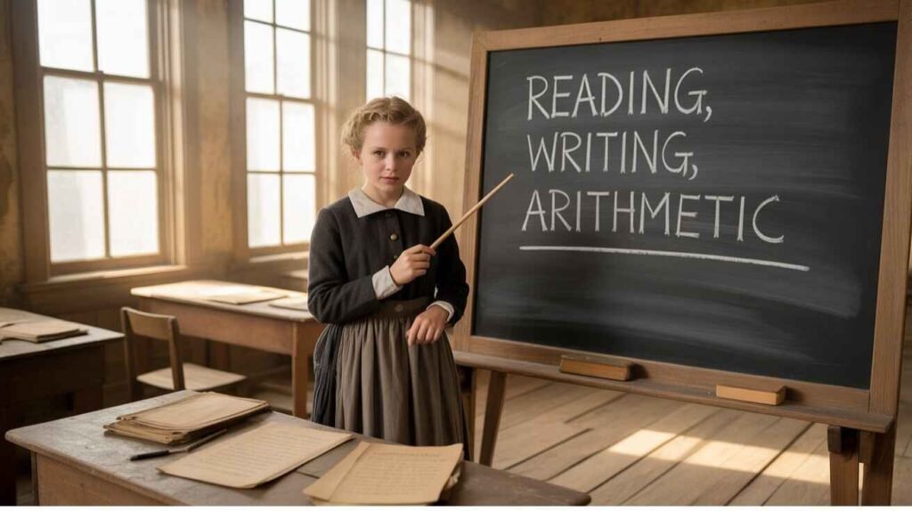 Students practicing reading, writing, and arithmetic in a modern classroom setting representing the 3 R’s of Education.