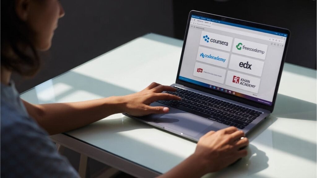 Person browsing top free coding platforms on a laptop.