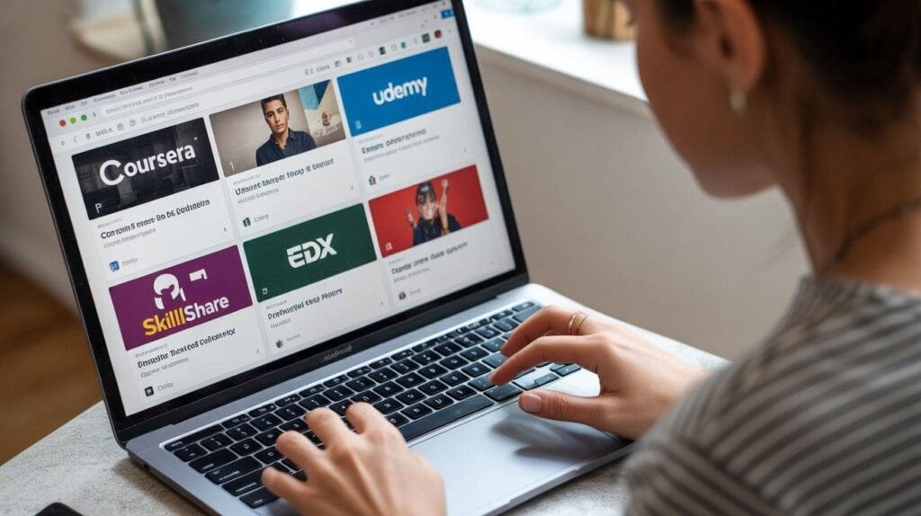 A computer screen displaying Coursera, Udemy, edX, and Skillshare, showing top online platforms for beginners.