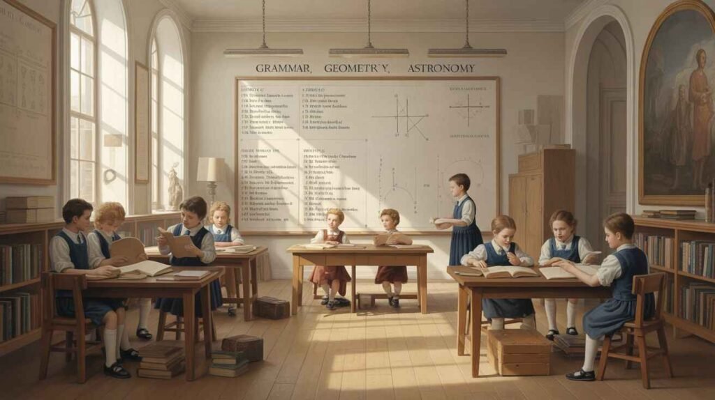 Students studying the Trivium and Quadrivium in a classical education setting, developing critical thinking, analytical reasoning, and intellectual balance.