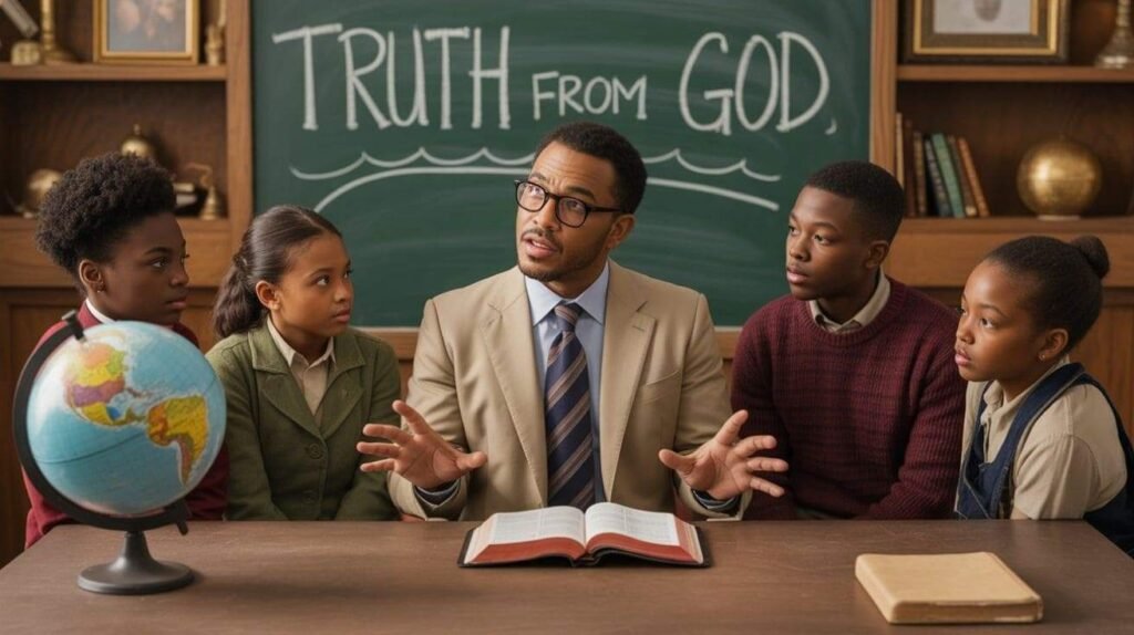 Teacher explains biblical worldview in a classroom, connecting faith and learning with Scripture and study materials.